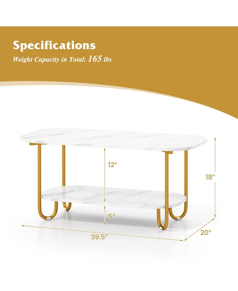 Gymax Faux Marble Top Coffee Table w/Metal Frame Rounded Corners and Storage Shelf