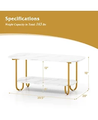 Gymax Faux Marble Top Coffee Table w/Metal Frame Rounded Corners and Storage Shelf