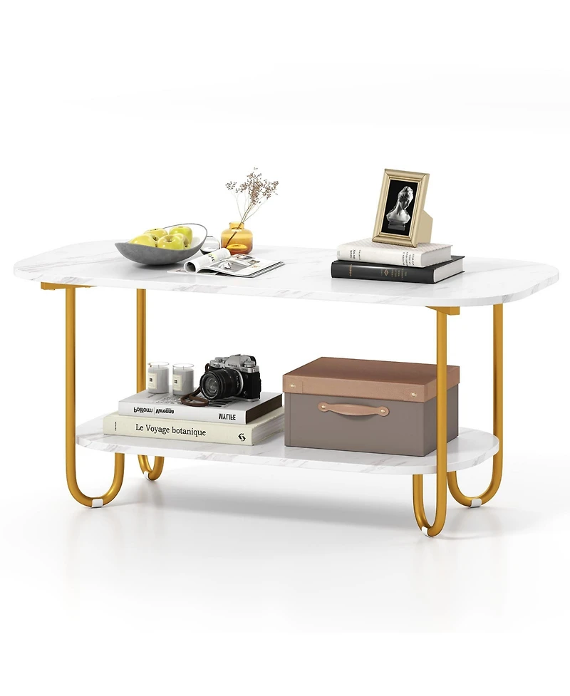 Gymax Faux Marble Top Coffee Table w/Metal Frame Rounded Corners and Storage Shelf