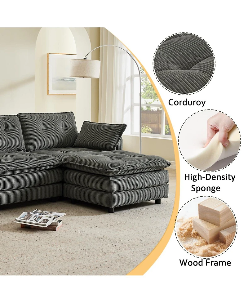 Streamdale Furniture" L-Shaped Corduroy Modular Sectional Sofa with Ottoman and Console