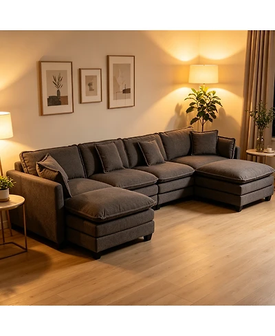 Streamdale Furniture 4-Seat Upholstered Sectional Sofa with 2 Ottomans and Waist Pillows