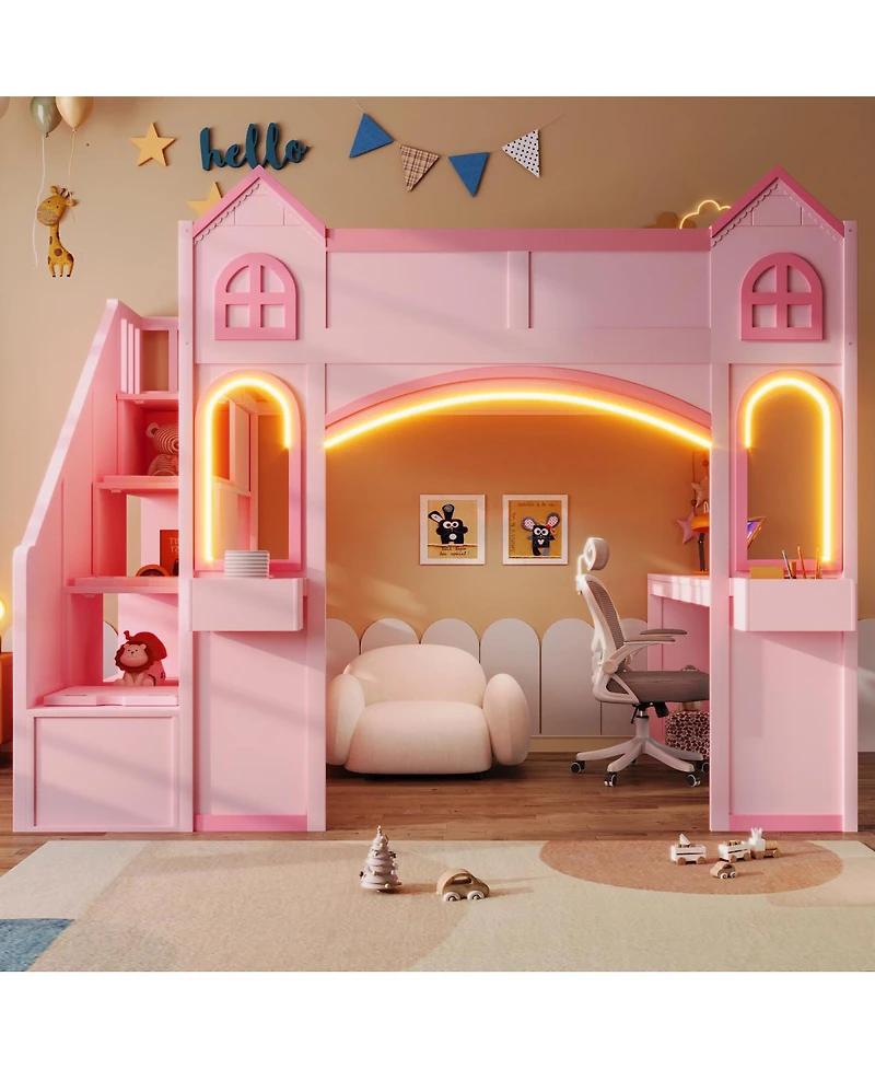 Streamdale Furniture Wood Castle Loft Bed with Storage, Desk, and Led Lights