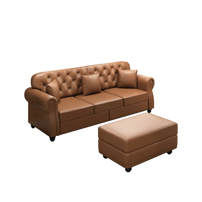 Streamdale Furniture Mid-Century Modern Faux Leather Chesterfield Sofa with Nailhead Trim