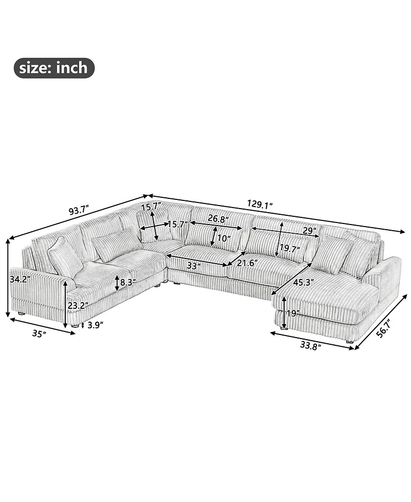 Streamdale Furniture U-Shaped Corduroy Sectional Sofa with Chaise Lounge
