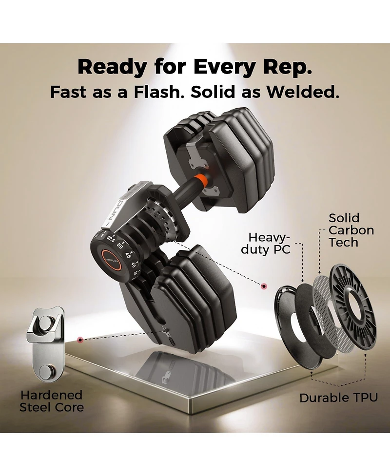 Fed Fitness 105LB Total Weight 15-in-1 Adjustable Dumbbell, Quick Dial 5-52.5LBS Heavy-Duty Single Dumbbell with Storage Box and Fitness App
