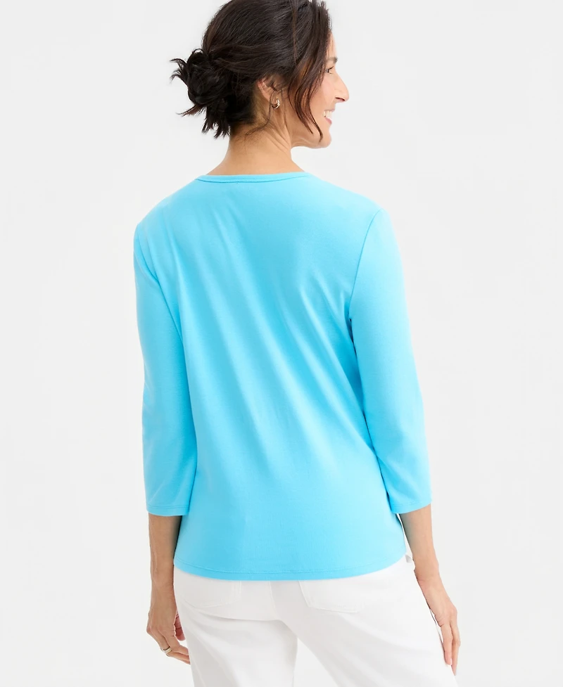 Style & Co Women's Cotton 3/4-Sleeve V-Neck Tee, Created for Macy's