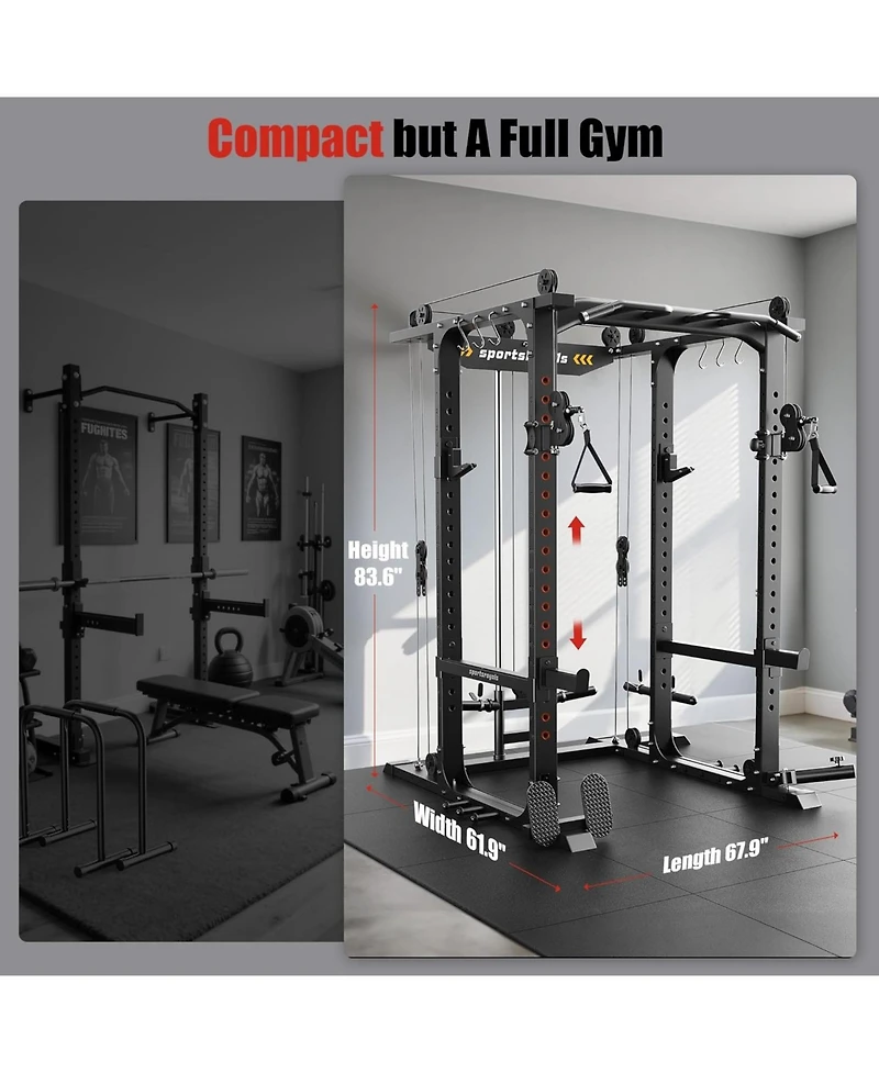 Fed Fitness 1600LBS Commercial Power Cage, Heavy-Duty Cable Crossover Squat Rack with Full Attachments, All-in-One Home Gym