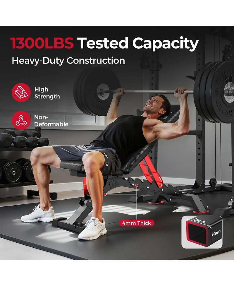 Fed Fitness 1300LBS Commercial Grade Weight Bench, Adjustable Flat Incline Workout Bench with 34'' Extra-Long Backrest and Easy-Roll Wheels
