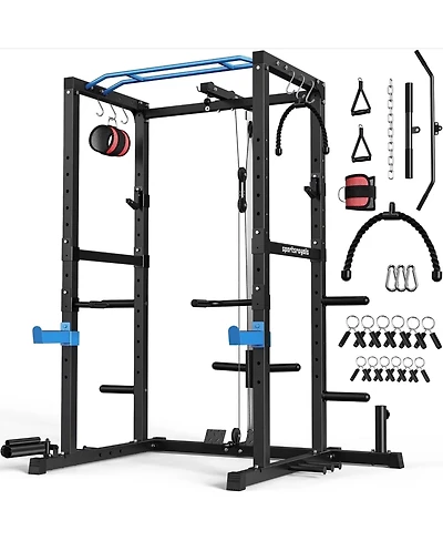 Fed Fitness 1200LBS Power Rack with Pulley System and Lat Pulldown, Multi-Functional Squat Cage J-Hooks for Home Gym