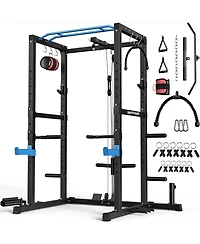 Fed Fitness 1200LBS Power Rack with Pulley System and Lat Pulldown, Multi-Functional Squat Cage J-Hooks for Home Gym
