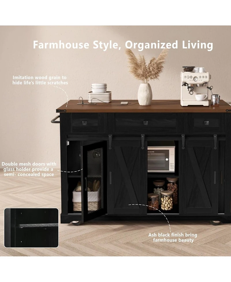 Streamdale Furniture 58inch Farmhouse Rolling Kitchen Island with Storage, Drop Leaf and Barn Doors