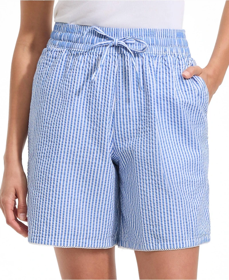 Lands' End Women's Seersucker High Rise Pull On 7" Shorts