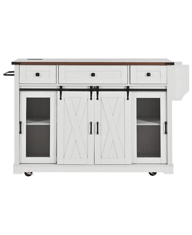 Streamdale Furniture 58inch Farmhouse Rolling Kitchen Island with Storage, Drop Leaf and Barn Door