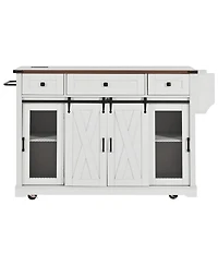 Streamdale Furniture 58inch Farmhouse Rolling Kitchen Island with Storage, Drop Leaf and Barn Door