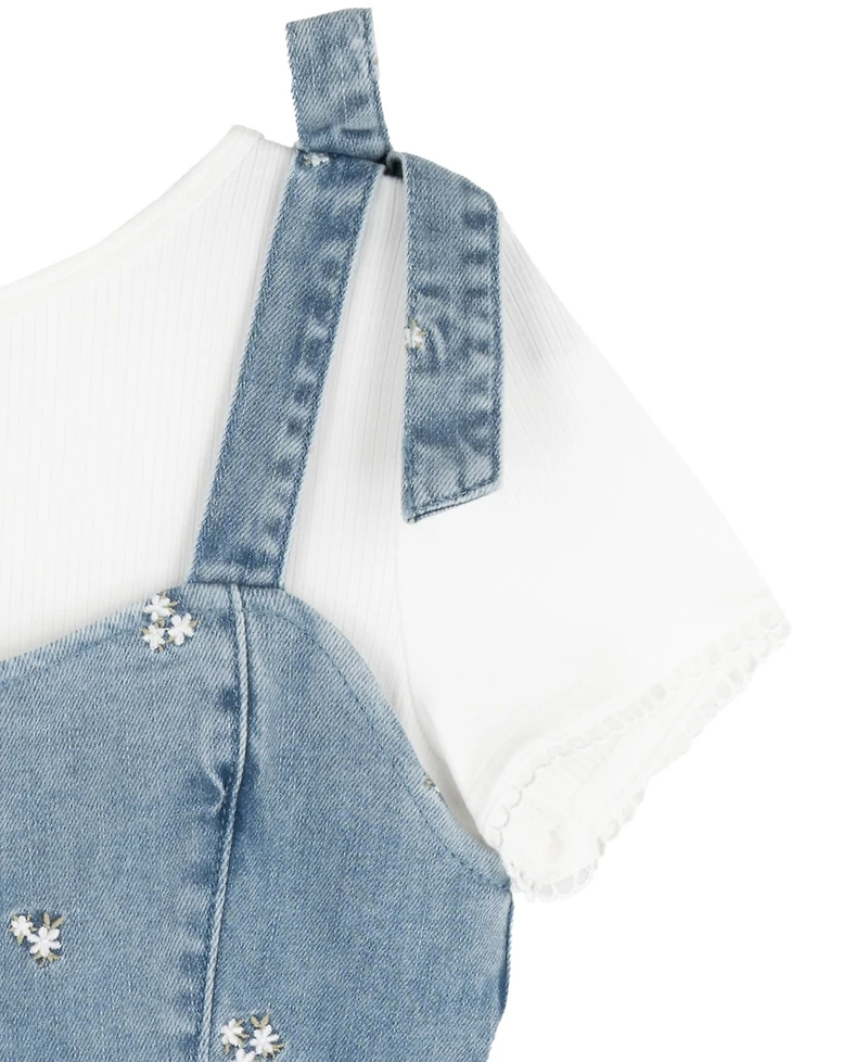 Rare Editions Girls' 7-16 T-Shirt and Embroidered Denim Bow Straps Panelled Romper, 2-Piece Set