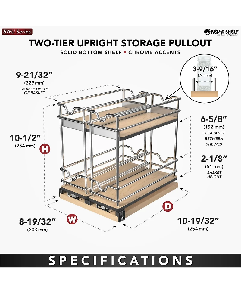Rev-a-Shelf 9" Pullout Organizer for Cabinets, 2 Tier Upright Shelf, 5WU2-9W2-1
