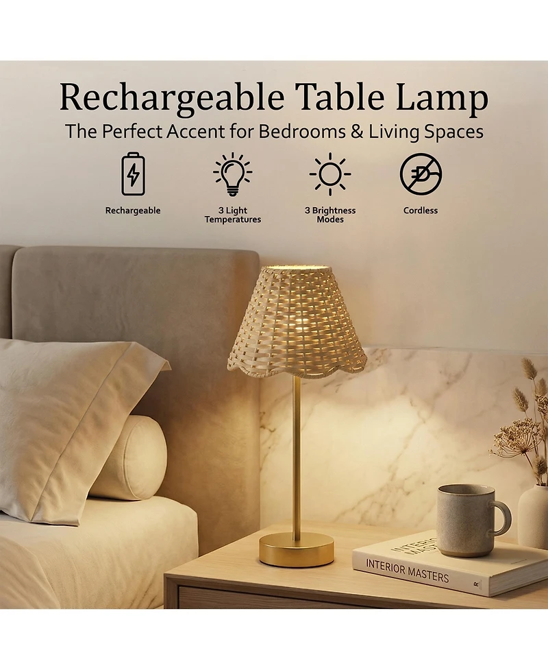 Bell + Howell Woven Scallop Shade Plain Stem Rechargeable Touch Control Led Dimmable Cordless Table Lamp