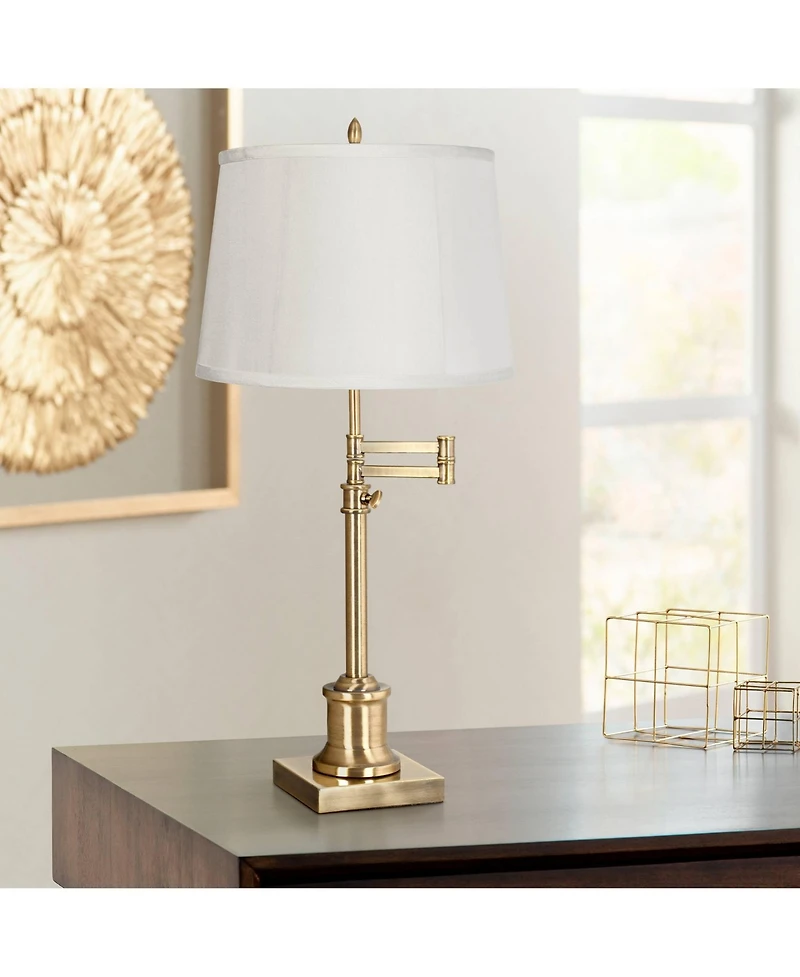 360 Lighting Swing Arm Desk Table Lamp 36" Tall Antique Brass Fabric Drum Shade for Living Room Bedroom Bedside Office Family