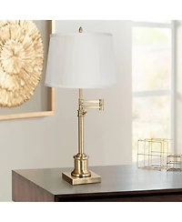 360 Lighting Swing Arm Desk Table Lamp 36" Tall Antique Brass Fabric Drum Shade for Living Room Bedroom Bedside Office Family