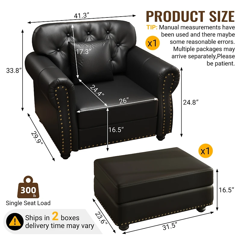 Streamdale Furniture 41.3" Faux Leather Chesterfield Sofa with Nailhead Trim and Pillows