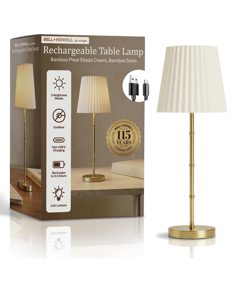 Bell + Howell Bamboo Stem Pleat Shade Rechargeable Touch Control Led Dimmable Cordless Table Lamp