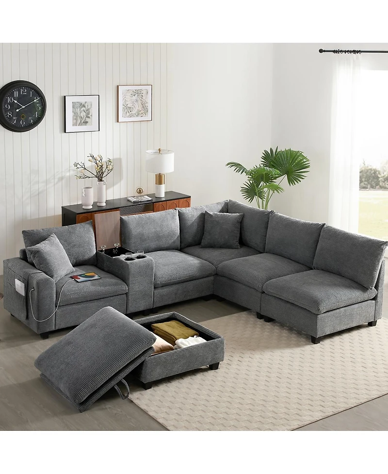 Streamdale Furniture 139'' U-Shaped Modular Corduroy Sectional Sofa with Storage and Usb Charger