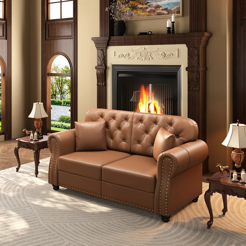 Streamdale Furniture 63" Faux Leather Chesterfield Sofa with Nailhead Trim and 2 Pillows
