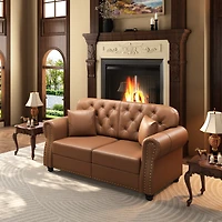 Streamdale Furniture 63" Faux Leather Chesterfield Sofa with Nailhead Trim and 2 Pillows