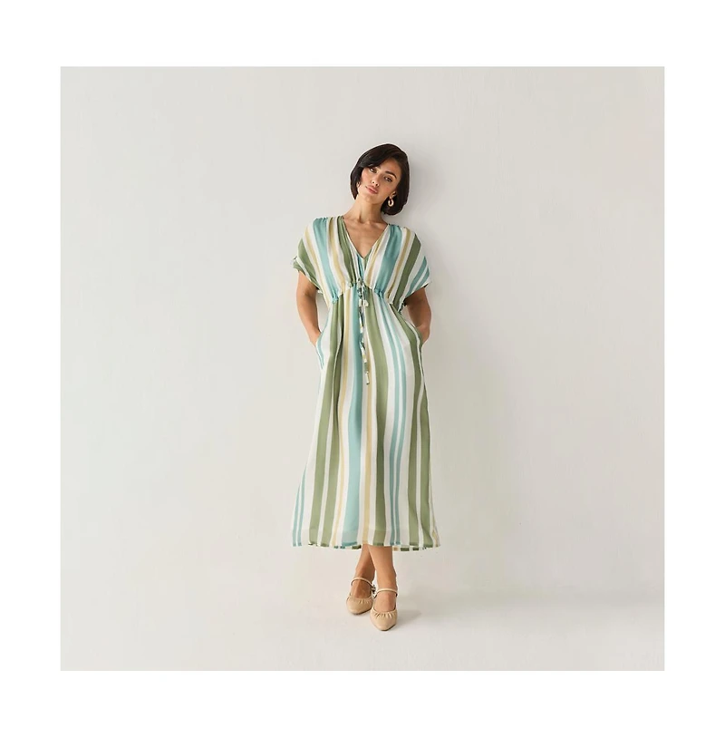 Reistor Women's Striped Drawstring Waist Maxi Dress