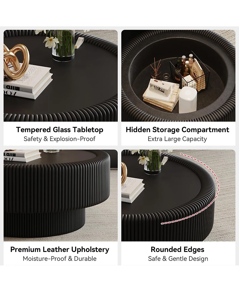 Streamdale Furniture 31.5" Fluted Round Leather and Glass Storage Coffee Table