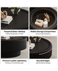 Streamdale Furniture 31.5" Fluted Round Leather and Glass Storage Coffee Table