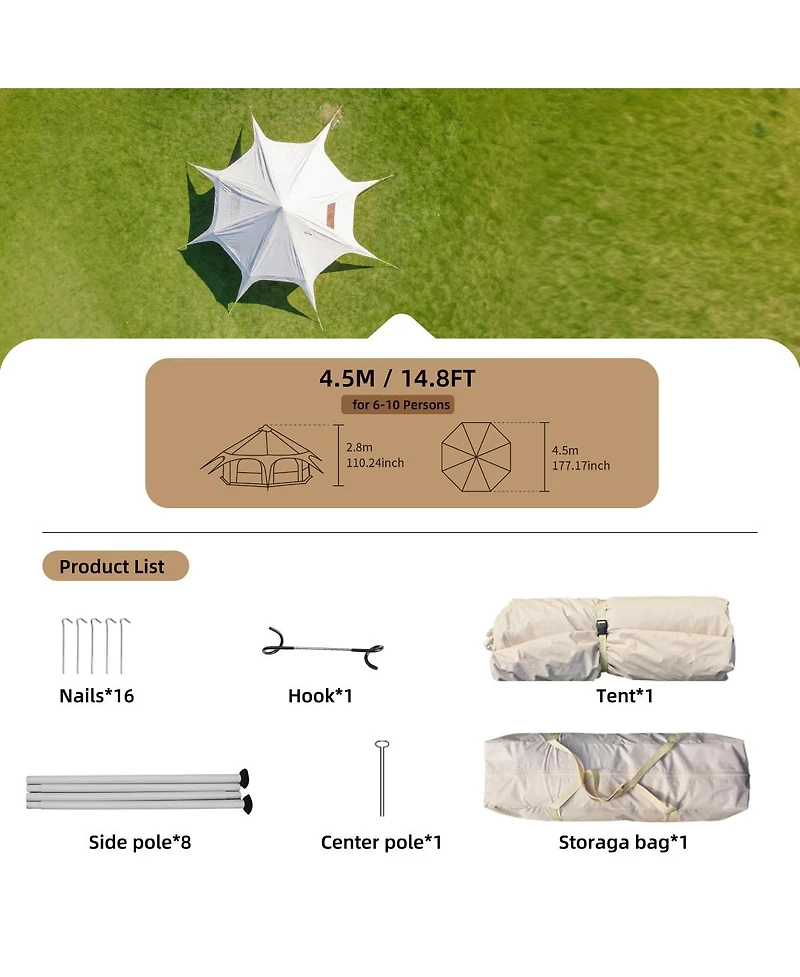 Streamdale Furniture 14.8feet x 9.2feet Spacious 600D Oxford All-Season Bell Tent with Roll-Up Walls
