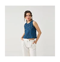 Reistor Women's Embroidered Sleeveless Button-Back Top