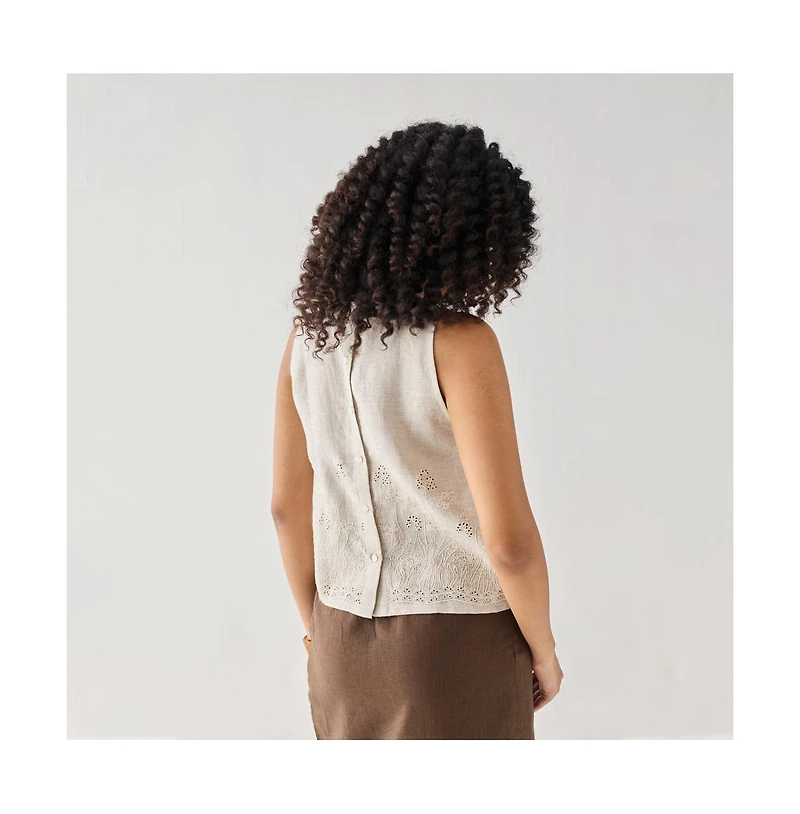 Reistor Women's Checkered Linen Embroidered Button-Back Top