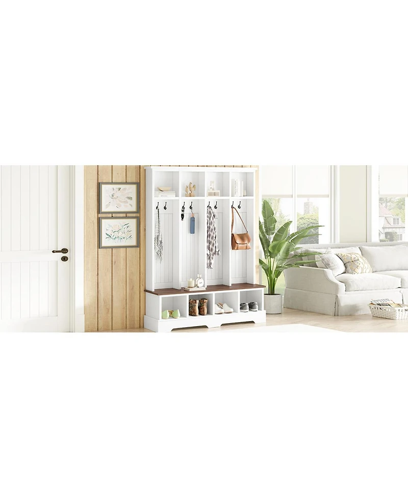 Streamdale Furniture Farmhouse 3-in-1 Hall Tree with Bench, 8 Hooks, and Shoe Storage
