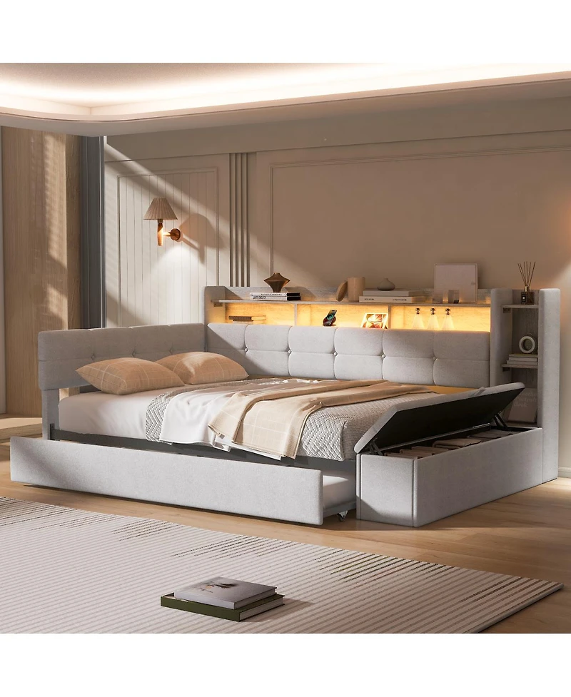 Streamdale Furniture Upholstered Daybed with Trundle, Storage, Usb, and Led Lights