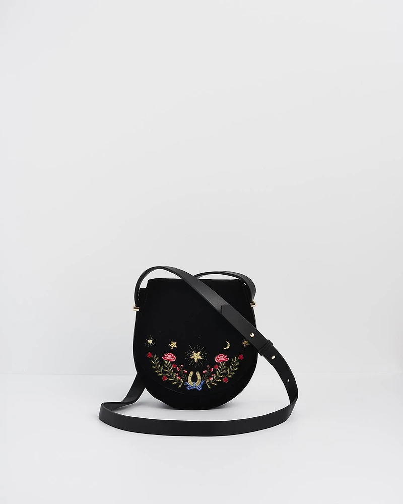 Fable England Women's Kate Celestial Velvet Embroidered Saddle Bag
