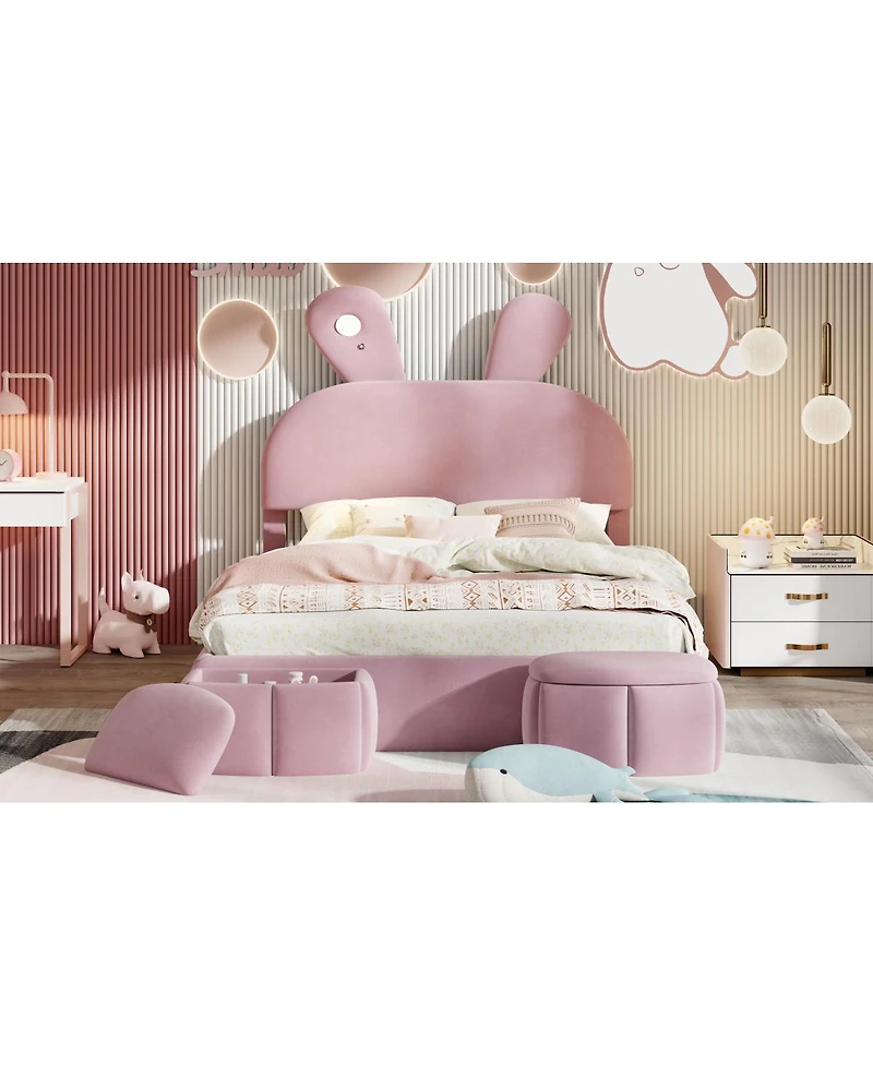 Streamdale Furniture Upholstered Platform Bed with Cartoon Ear Headboard and Light