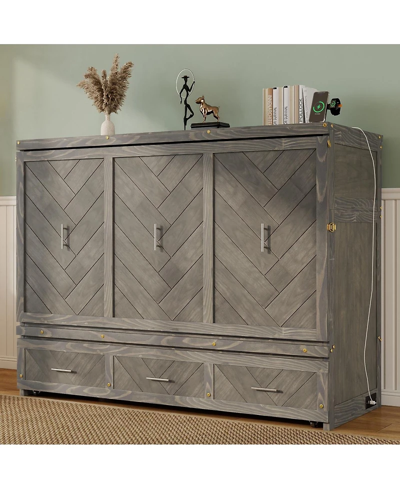 Streamdale Furniture Pine Wood Murphy Cabinet Bed with Usb Charging Station