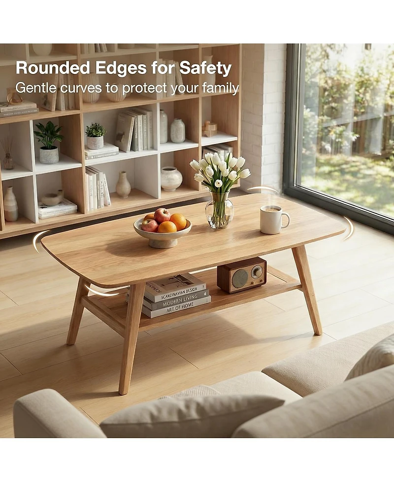 Streamdale Furniture Mid-Century Modern Solid Oak Coffee Table with Storage Shelf