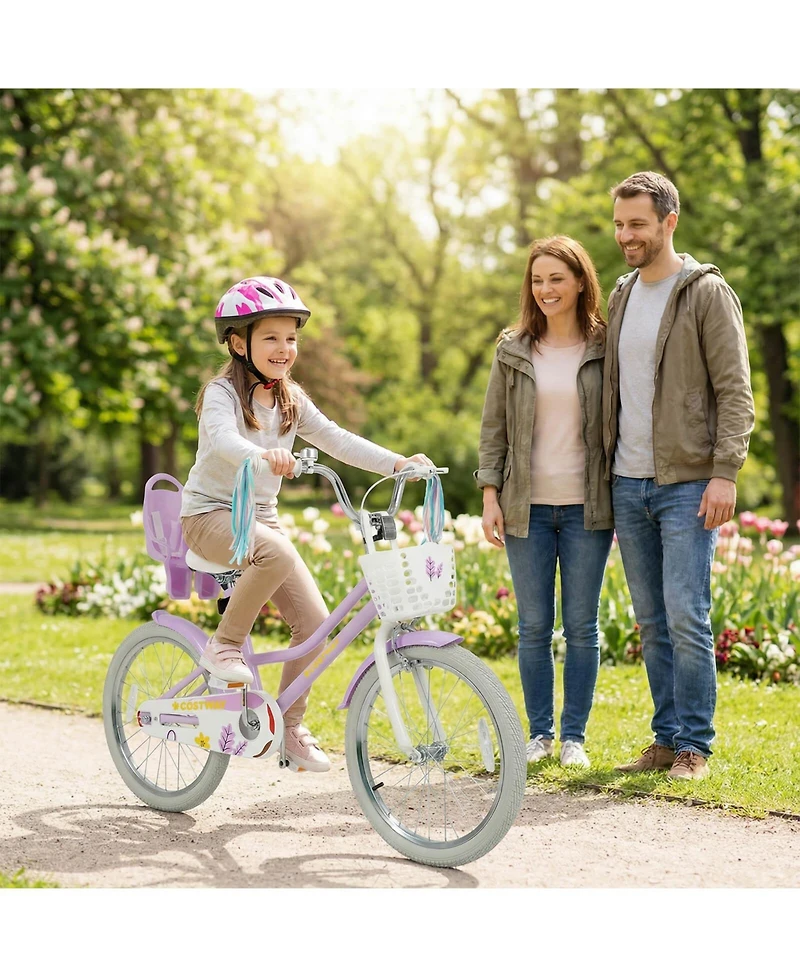 Costway Girls Bike, 20" Kids Bicycle with Basket, Doll Seat, Colorful Streamers, Reflectors