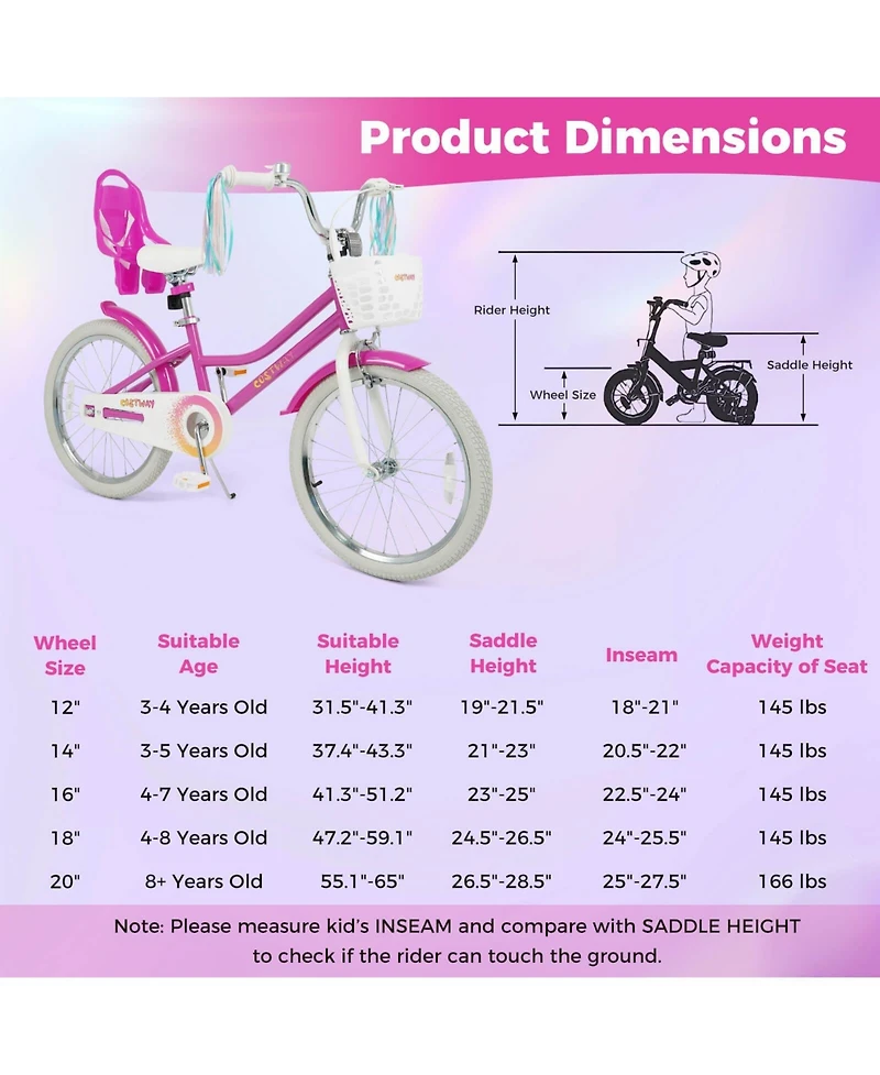 Costway Girls Bike, 20" Kids Bicycle with Basket, Doll Seat, Colorful Streamers, Reflectors