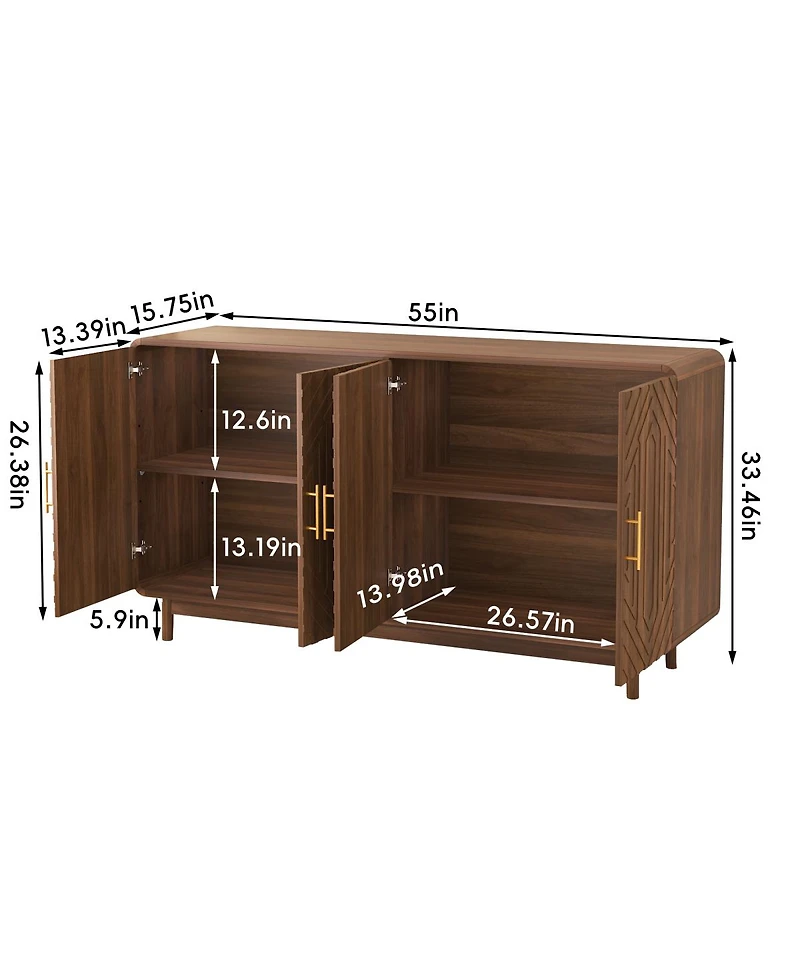 Streamdale Furniture 4-Door Carved Sideboard Buffet Cabinet with Adjustable Storage Shelves