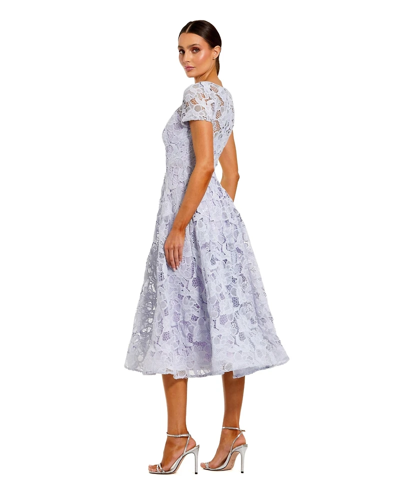 Mac Duggal Women's Elegant Lace A-Line Midi Dress with Bow Detail