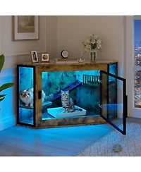 Streamdale Furniture 48" Corner Cat Litter Box Enclosure with Led Light, Stairs, and Acrylic Door