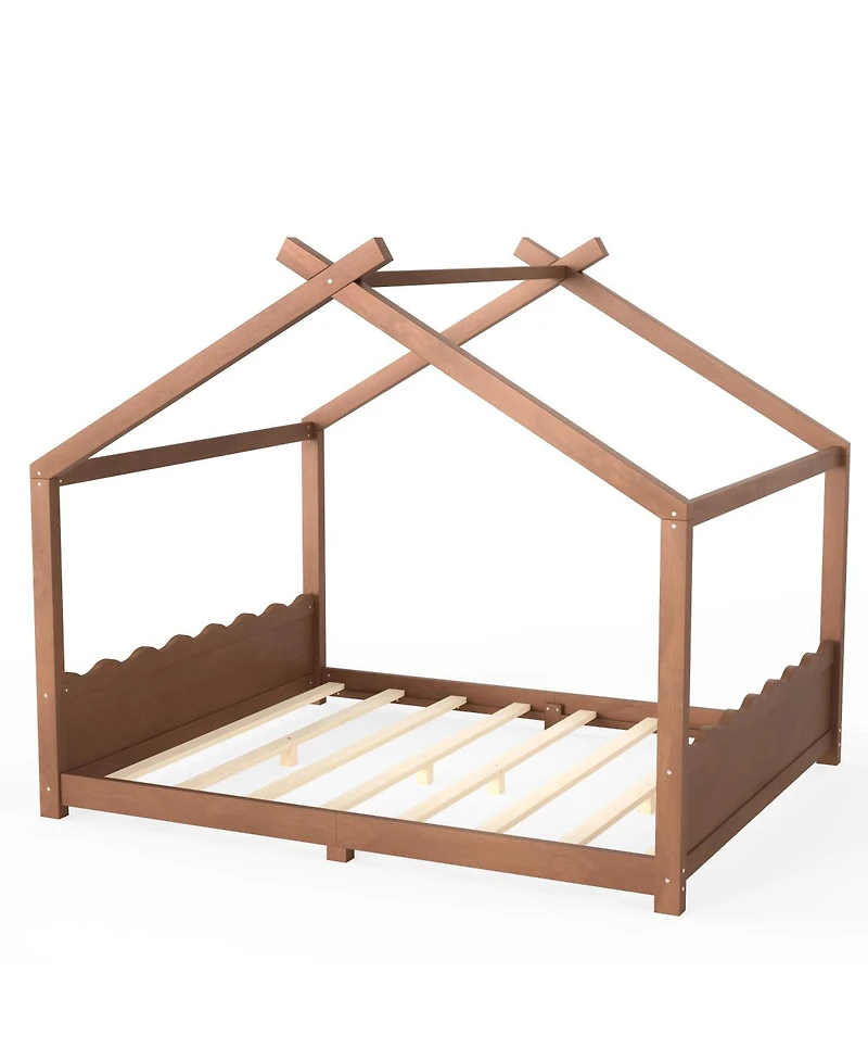 Streamdale Furniture House Floor Bed with Support Slats, Solid Wood Frame
