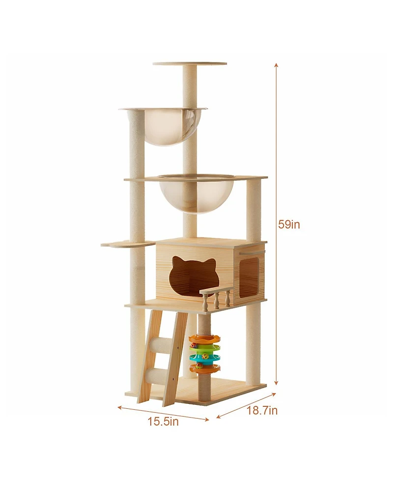 Streamdale Furniture 59" Modern Wood Cat Tower with Sisal Scratching Posts and Acrylic Hammock