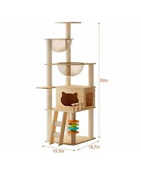 Streamdale Furniture 59" Modern Wood Cat Tower with Sisal Scratching Posts and Acrylic Hammock