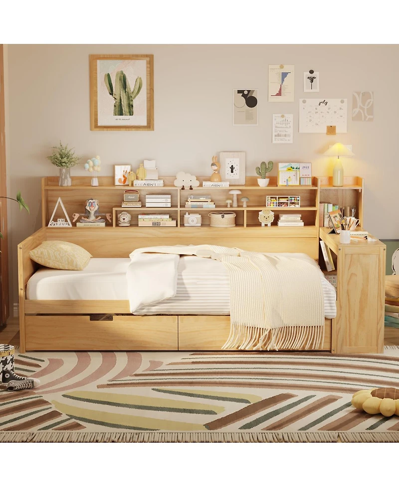 Streamdale Furniture Wooden Daybed with Storage Shelves, Drawers, and Study Desk