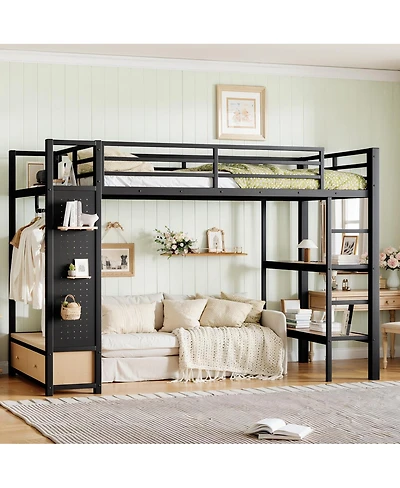 Streamdale Furniture Metal Loft Bed with Wardrobe, Storage Shelves, and Pegboard